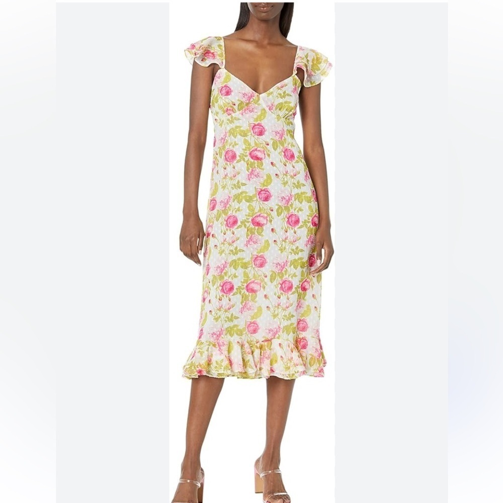 Betsy Johnson Pepper Pink and Green Floral Midi Dress with Ruffle Hem | S